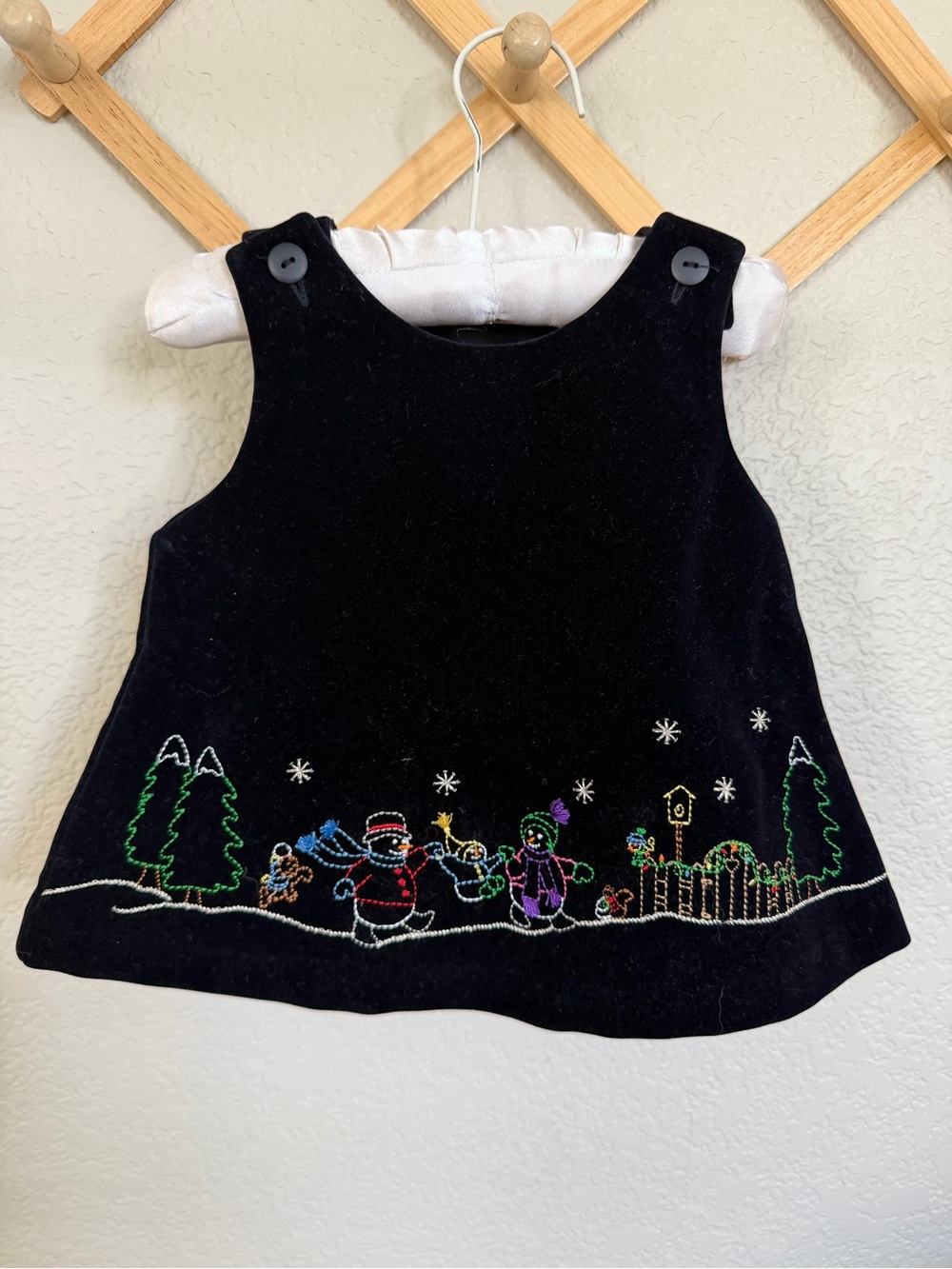 Vintage Y2K Baby Christmas Velvet Snowman Embroidered Jumper Dress 3-6M